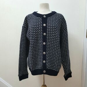 ROOTS Vtg Chunky Wool Navy White Birds Eye Button-Up Sweater Cardigan Norway L